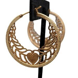 18kgp Heart Filigree Hoop Earrings Intricate Cutout Design Yellow Gold Plated